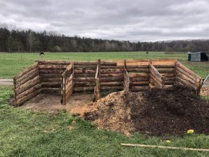 Ein Sammelbehälter aus Holz für Gartenabfälle und Kompost mit mehreren getrennten Abteilen.